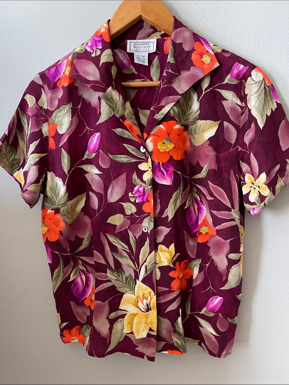 Jennifer Moore Silk Vintage Plum Floral Camp Collar Shirt